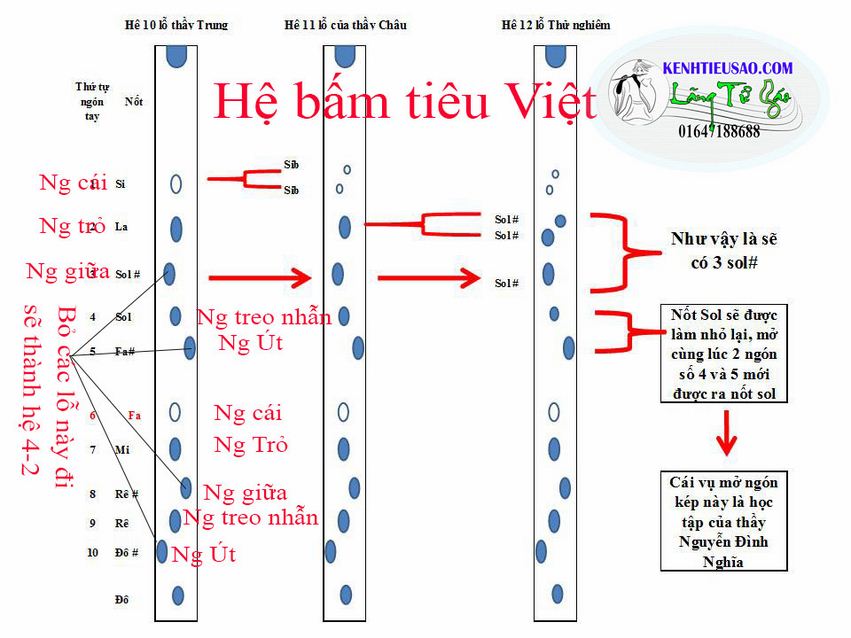 Hệ bấm thang âm cách cầm động tiêu trúc Việt 10 lỗ 11, 12 lỗ