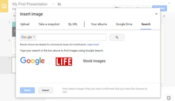 The Insert image panel in Google Slides