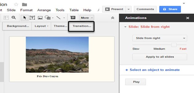Click Transition to add transitions between slides