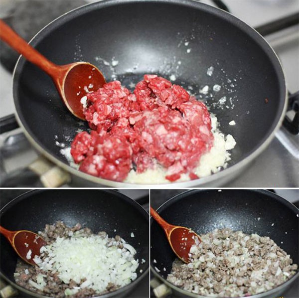 Cho phần nguyên liệu thịt vào xào chín - cách làm trứng cuộn
