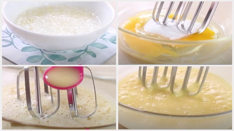 Công đoạn đánh bông hỗn hợp bơ, trứng, đường, sữa