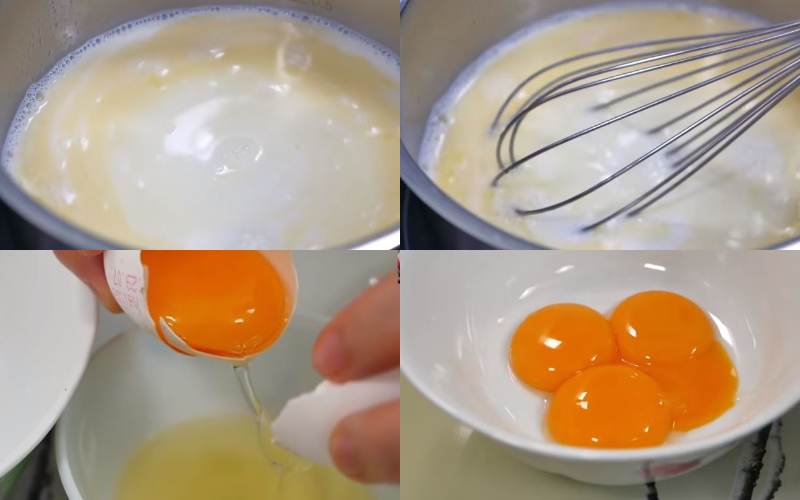 Nấu hỗn hợp sữa bơ và tách lòng đỏ trứng gà