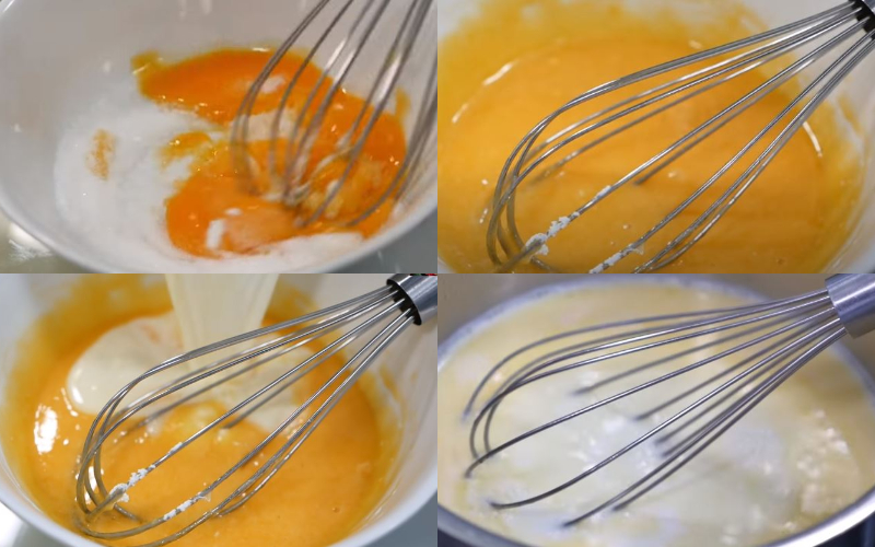 Đánh tan trứng gà với tinh bột bắp và trộn chung với phần sữa bơ